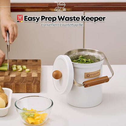WAGENSTEIGER Kitchen Countertop Compost Bin 101ounces / 3Liters, Airtight Lid SUS304 Stainless Steel Odor-Free Food Waste Bin with Wooden Handle Stylish Design/Bathroom Trash Can (White)