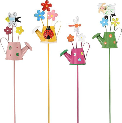 Decorative Garden Stakes Set Metal Garden Ornaments Waterproof Decorations for Indoor Outdoor Yard Patio Plant Pot (Watering can-4PCS)