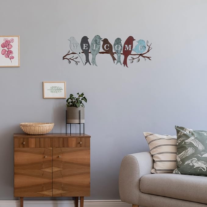 Peryiter Bird Wall Art Birds on Branch Welcome Sign Hanging Outdoor Metal Wall Decor Welcome Signs for Porch Vivid Statue Welcome Wall Decor Tree Silhouette for Bedroom Garden(Vintage Colors)