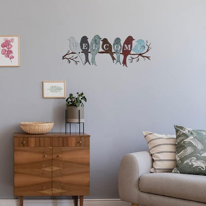 Peryiter Bird Wall Art Birds on Branch Welcome Sign Hanging Outdoor Metal Wall Decor Welcome Signs for Porch Vivid Statue Welcome Wall Decor Tree Silhouette for Bedroom Garden(Vintage Colors)