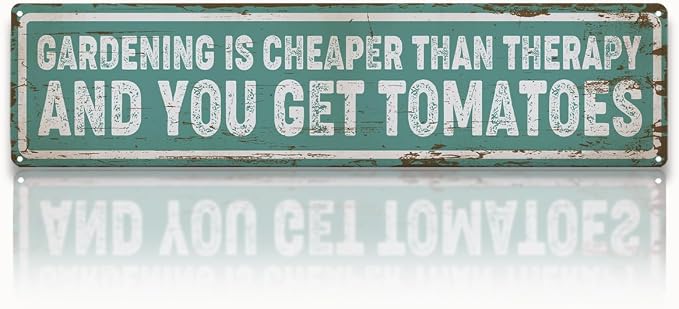 Garden Metal Tin Sign, Funny Garden Decor, Vintage Farmhouse Wall Art, Gardening Is Cheaper Than Therapy Sign, for Yard Fence Door Porch, Indoor Outdoor Gardens Decoration, 15.7 x 3.9 Inches