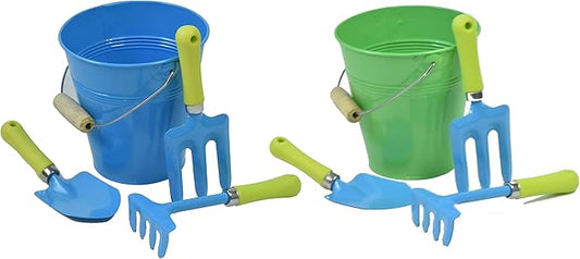 JustForKids Kids Garden Tool Set, 2 Pack STEM Educational Gardening Kit with Wooden-Handle Metal Pails, Plastic-Handle Shovel, Rake & Cultivator, Outdoor Toys & Gift for Toddlers Boys Girls Ages 3-8