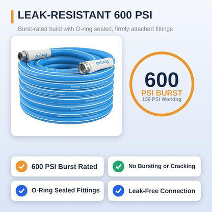 FEVONE Kink Free Garden Hose 50 ft, Heavy Duty Water Hose | Flexible Hybrid Polymer, Drinking Water Safe, 5/8 ID, 600 PSI, Leak-Proof, Aluminum 3/4 GHT Fittings for Garden Watering