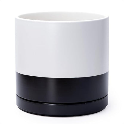 D'vine Dev 12 Inch Ceramic Planter Pot, Black White Two Tone, 94-O-F-L | Modern Cylinder Design, Drainage Hole & Saucer Included, Stable Structure, Elegant Home Accent