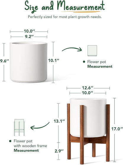 LE TAUCI 10 Inch Planter with Acacia Wood Stand, Ceramic Planter for Indoor Plants with Plant Holder, Mid-Century Modern Home Decor, Round Flower Pots with Drainage Hole, White
