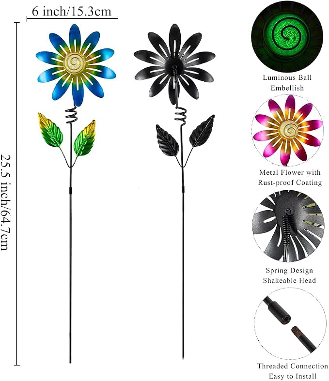 Metal Flowers Decorative Garden Stakes, 2 Pack 25'' Flower Garden Decor for Outside Spring Yard Decor, Flower Metal Yard Art for Fence Landscape Pot Patio Decor (Pink & Blue)