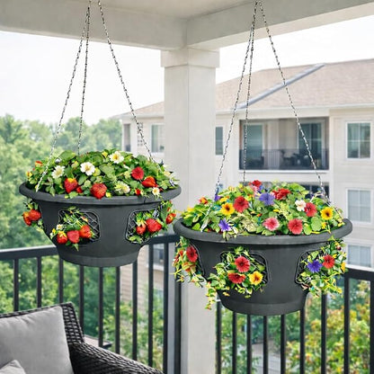 Hanging Planter Basket 10 Pack Bulk, Easy Fill Strawberry Planter, Outdoor Hanging Basket with Side Planting Panels, Durable UV Resistant Planters, Made in USA, 10, Gray