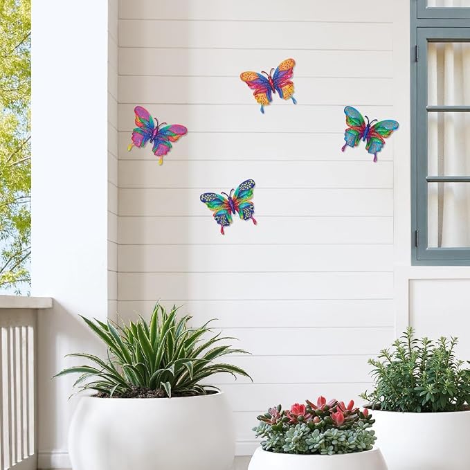 dreamskip 4 Pcs Butterfly Wall Decor Art, Metal Butterflies Outdoor Wall Art with Colorful Leaves, Hand Painted Outdoor Decor For Garden, Yard, Fence, Patio Decoration