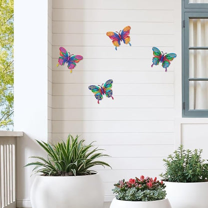 dreamskip 4 Pcs Butterfly Wall Decor Art, Metal Butterflies Outdoor Wall Art with Colorful Leaves, Hand Painted Outdoor Decor For Garden, Yard, Fence, Patio Decoration