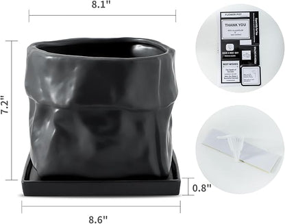 Nihow 8 Inch Ceramic Plant Pot with Drainage & Square Saucer,Black | Bag Shape Design,Indoor & Outdoor,Living room/Office/Bedroom/Windowsill/Tabletop,Plant Lovers/Gardeners/Beginners