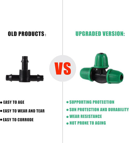 1/4 inch Drip Irrigation Fittings, Lock Barbed Tee for ¼ in. Tubing; Tubing Outside Diameter (OD) is 0.250 in., Internal Diameter (ID) is 0.170. in.(25Pcs/Pack) (Green-3Way)