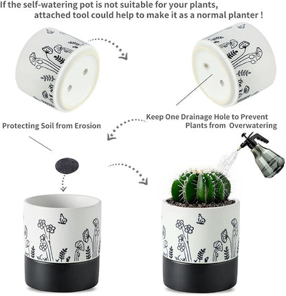Nihow Self Watering Pots for Indoor Plants,4.5+6 Inch,White Hand Painting | Ceramic Planter, Drainage Hole & Water Storage Plus, Cylinder Round Flower Pot, For Succulent/Herbs/Violets