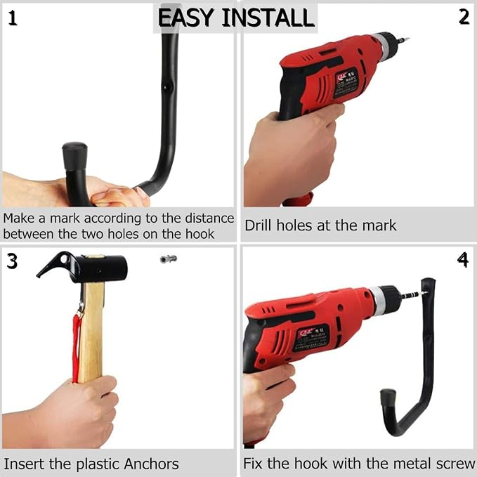 8 Pack Wall Mount Storage Hooks, 9.6IN Garage Utility Hanger for Ladder, Hold Chairs, Garden Tool, Hose, Bike