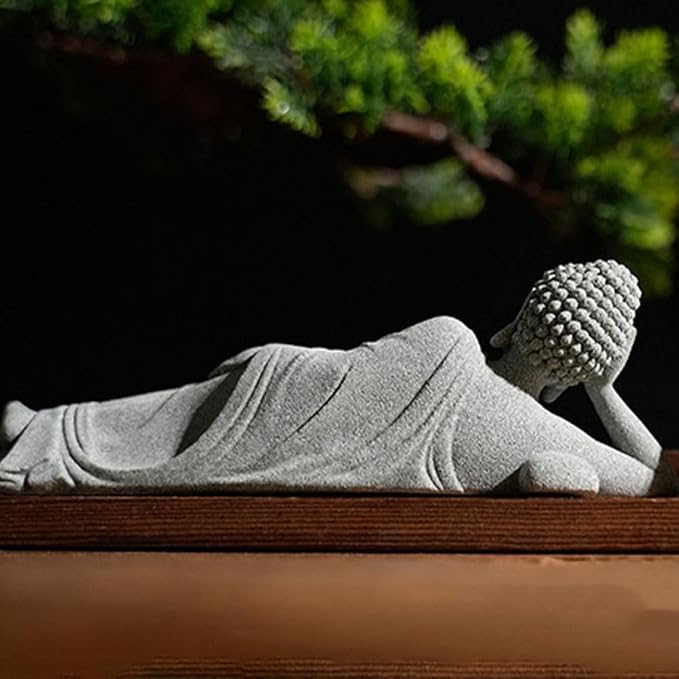 PRETYZOOM Little Reclining Buddha Ornament 3.54In Sandstone Mini Statue Indoor Zen Garden Meditation Decoration