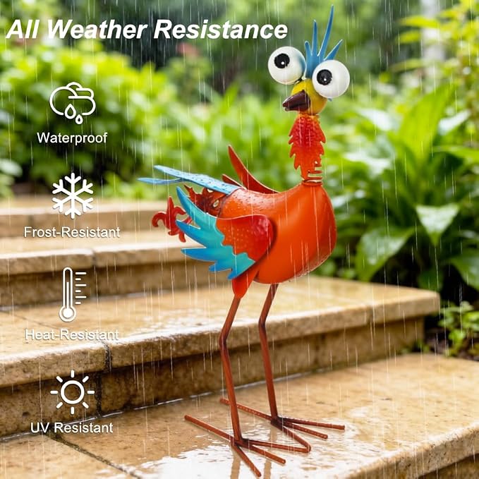 Metal Wacky Rooster Garden Statue for Patio, Backyard, Lawn | 17.9'' Rooster Decor, Yard Statue Decorations Outdoor, Chicken Yard Art, Orange & Cyan