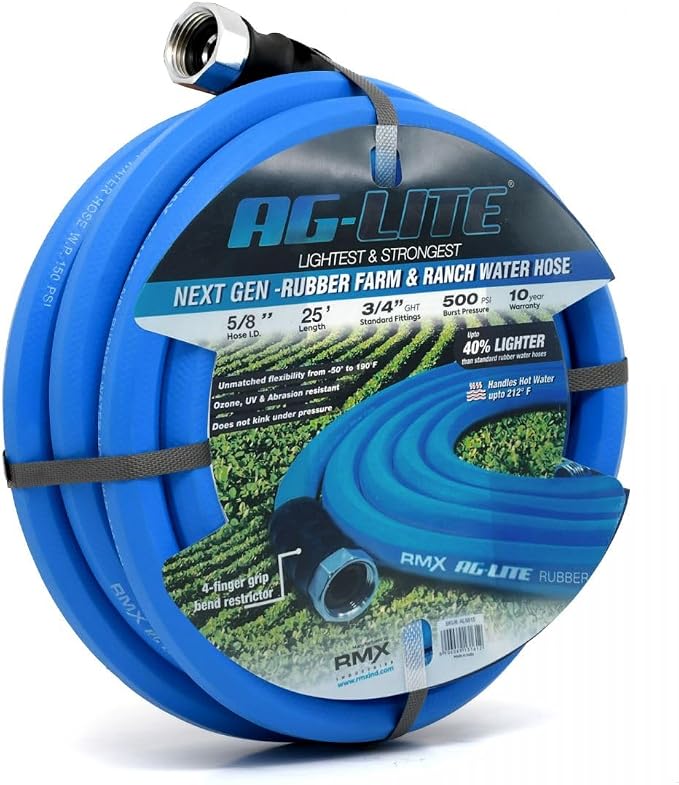 AG-LITE BSAL5825 5/8" x 25' Hot/Cold Water Rubber Garden Hose, 100% Rubber, Ultra-Light, Super Strong, 500 PSI, 50F to 190F Degrees, High Strength Polyester Braided