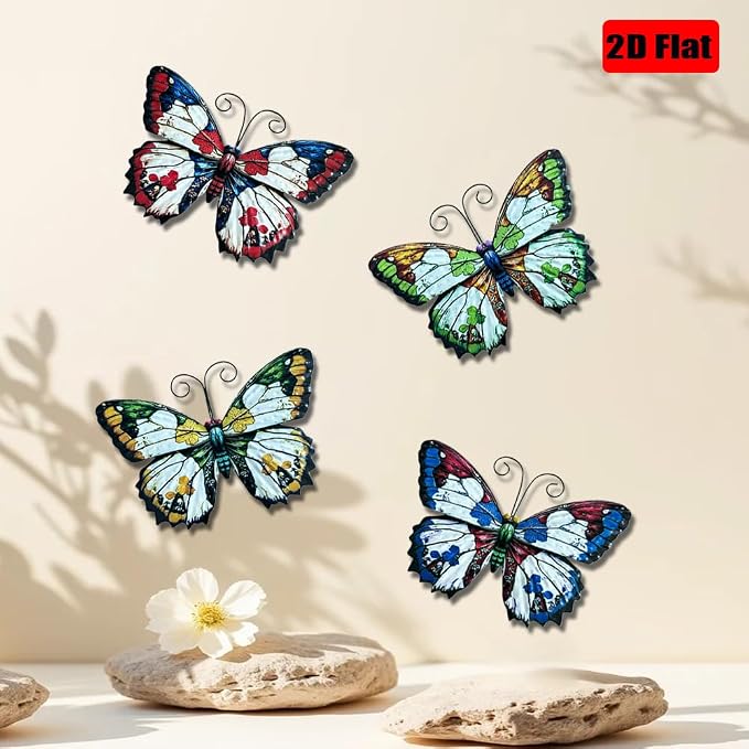 LWINGFLYER 4 Pcs Vintage Metal Wall Decor Butterfly & Flower - Rustic Farmhouse Metal Wall Art for Indoor Bathroom & Outdoor Fence Decoration (Butterflies)