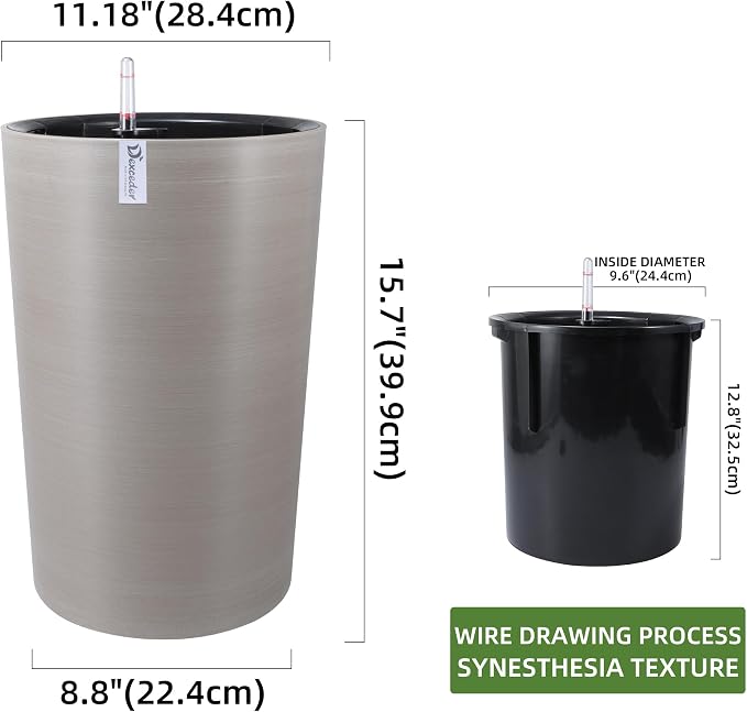Dexceder 16x12 Self Watering Tall Planter (Coffee, Wire Drawing) | High Cylinder, Thickened Large Floor Standing Flower Plant Pot with Water Level Indicator Indoor Outdoor
