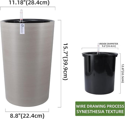 Dexceder 16x12 Self Watering Tall Planter (Coffee, Wire Drawing) | High Cylinder, Thickened Large Floor Standing Flower Plant Pot with Water Level Indicator Indoor Outdoor