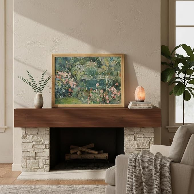 smvexyl Framed Cottage Garden Floral Landscape Wall Art, Vintage Rose Garden Pond Painting Canvas, Rustic Botanical Nature Decor, Farmhouse Style Home Wall Art for Living Room Bedroom Bathroom, 24x16 Inch
