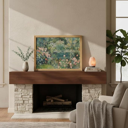 smvexyl Framed Cottage Garden Floral Landscape Wall Art, Vintage Rose Garden Pond Painting Canvas, Rustic Botanical Nature Decor, Farmhouse Style Home Wall Art for Living Room Bedroom Bathroom, 8x10 Inch