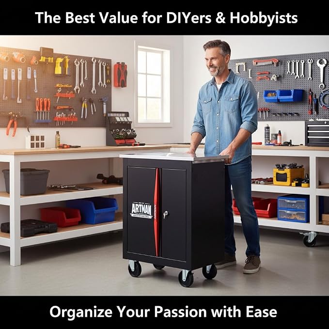 Heavy Duty Tool Chest, Lockable Stainless Top, Black&Red | Double-Door Mobile Tool Cabinet on Wheels for Garage Workshop and Storage