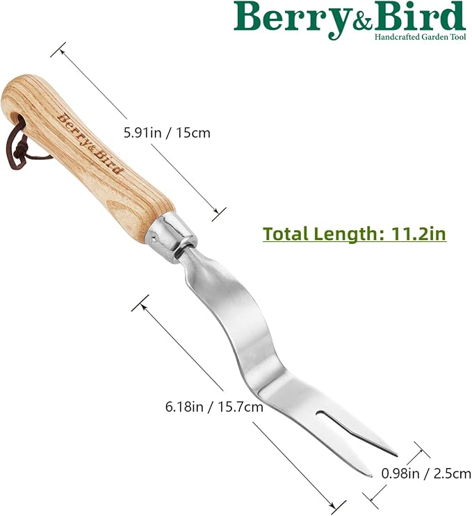 Berry&Bird Hand Weeder Tool, 12.1" Stainless Steel Gardening Weed Puller | Manual Weeding Removal Cutter Tool with Ash Wood Handle for Planting, Weeding, Flower & Vegetable Care in Garden Lawn Yard
