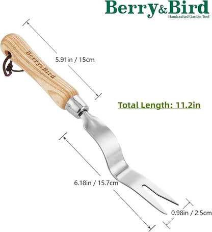 Berry&Bird Hand Weeder Tool, 12.1" Stainless Steel Gardening Weed Puller | Manual Weeding Removal Cutter Tool with Ash Wood Handle for Planting, Weeding, Flower & Vegetable Care in Garden Lawn Yard