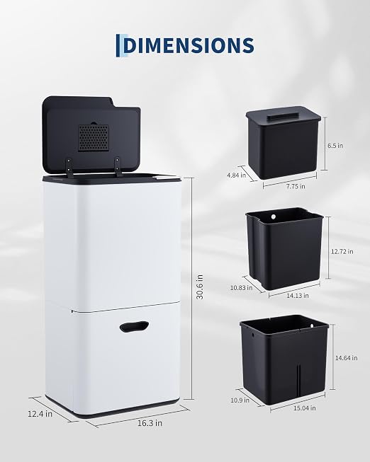 GarveeHome 16 Gallon Dual Trash Can for Kitchen, 2 Compartment Stainless Steel Garbage Can, 33L+28L Kitchen Recycling Bin with Compost Caddy, Removable Inner Bucket & Odor Control, White