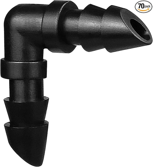 70 Pack Drip Irrigation Barbed Elbow Fittings,Barbed Connector Fits Universal 1/4" Drip Tubing, 90 Degree Drip Line Corner for Drip or Sprinkler System