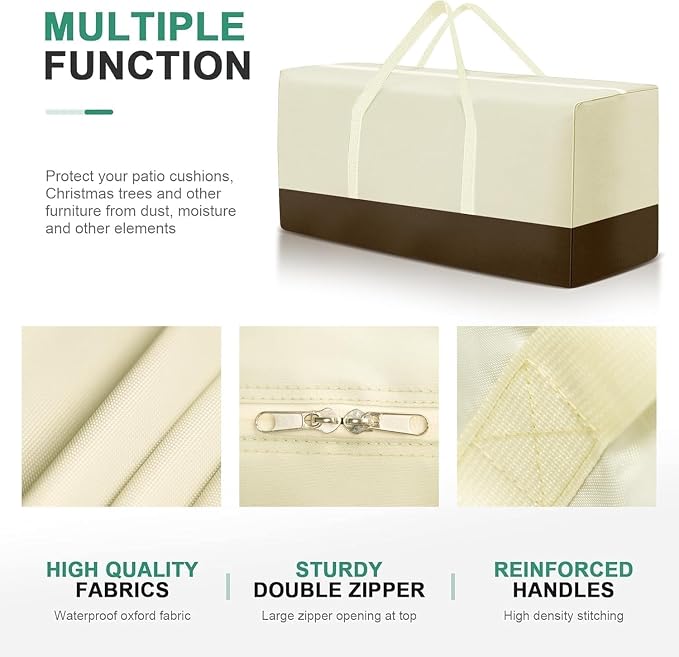 2 Pack Extra Large Patio Outdoor Waterproof Cushion Storage Bag, Outdoor Cushion Furniture Storage Bag with Handles and Zippered 68 x 30 x 20 Inch, Beige 2#