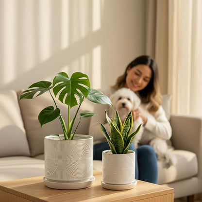 Ceramic Plant Pots, Pots for Plants(4.5+5.5inch), Flower Pots for Indoor planters with Drainage and Tray, Indoor Plant Pots for Succulents Cactus Herbs - Small Planters for Home Office Decor