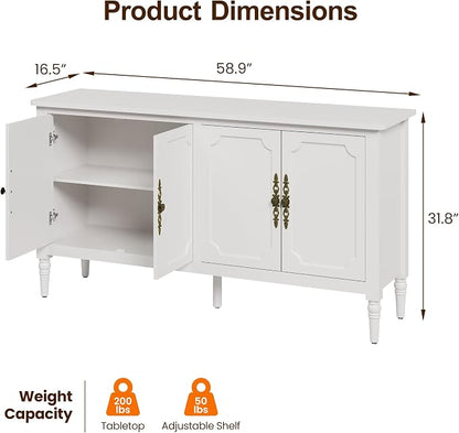 RoyalCraft Buffet Cabinet with Storage, 59" Vintage Sideboard with Adjustable Shelves, Mid Century Modern Painted Credenza Coffee Bar for Kitchen, Dining Room, Entryway, Living Room, Satin White