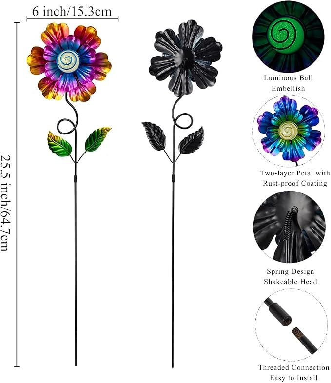Metal Flowers for Outside, 2 Pack 25'' Flower Decorative Garden Stakes for Spring Yard Decor, Flower Metal Yard Art for Porch Fence Patio Garden Decor (Yellow & Purple)