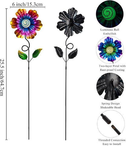 Metal Flowers for Outside, 2 Pack 25'' Flower Decorative Garden Stakes for Spring Yard Decor, Flower Metal Yard Art for Porch Fence Patio Garden Decor (Yellow & Purple)