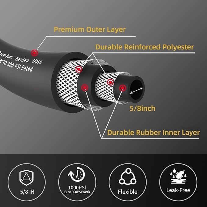 Wiseflow Leader Hose 10FT x 5/8" Heavy Duty Water Hose with Brass Male to Female Fittings, Short Hose Extender for Hose Reel and Faucet, 1000 PSI Burst Pressure, 300 PSI Working Pressure, Black