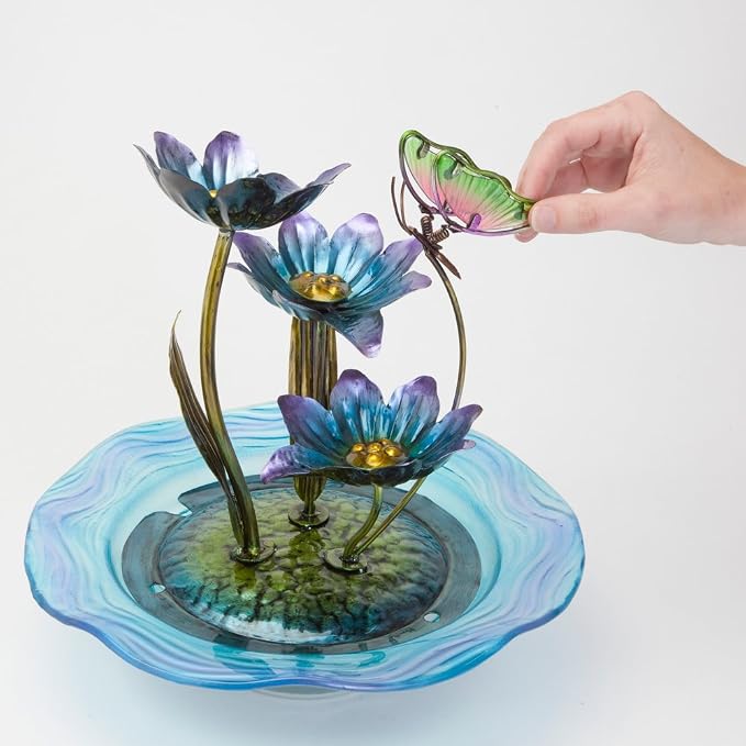 Bits and Pieces - Iridescent Glass Butterfly Fountain Sculpture – Indoor Home Décor - Zen Water Fountain - Desk or Tabletop Accessories - 12" Tall Multicolor