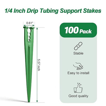 100 Pieces 1/4 Inch Drip Irrigation Support Stakes, 5.6-Inch Long Plastic 1/4'' Heavy-Duty Tubing Holder Stakes for Irrigation Hose/Emitter Support Garden Greenhouse Drip Supplies (Green)