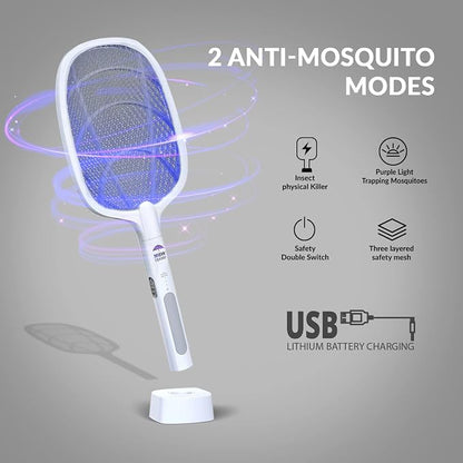 2 in 1 Electric Bug Zapper, Mosquitoes Trap Lamp & Racket, USB Rechargeable Electric Fly Swatter for Home and Outdoor Powerful Grid 3-Layer Safety Mesh Safe to Touch, Pack of 4