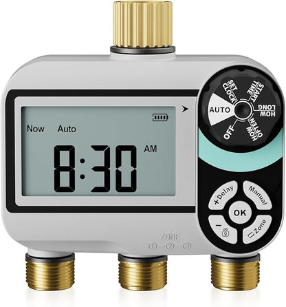 QUOBAS Brass Sprinkler Timer for Garden Hose, Programmable Water Timer for Hose Faucet with Child Lock, Rain Delay/Auto/Manual 3 Modes, Large Waterproof Screen, 3 Zone Independent Watering