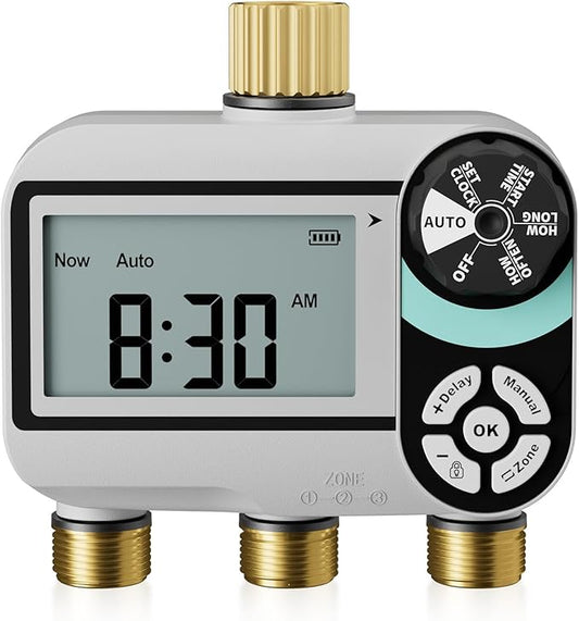 QUOBAS Brass Sprinkler Timer for Garden Hose, Programmable Water Timer for Hose Faucet with Child Lock, Rain Delay/Auto/Manual 3 Modes, Large Waterproof Screen, 3 Zone Independent Watering