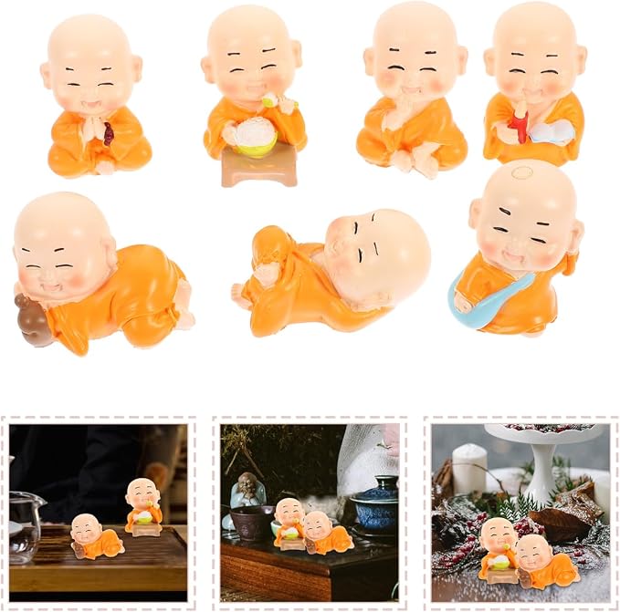 Unomor Mini Zen Monk Figurines Set of 7 1.37In Resin Little Buddha Statues Decorative Monk Statue for Home Desk Garden Compact Buddhist Sculpture Gift