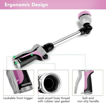 RESTMO Heavy Duty Metal Hose Wand, Watering Wand for Garden Hose | 180° Swivel Ratcheting Head, 16'' Hose Sprayer, 7 Spray Patterns, Flow Control, Ideal for Hanging Baskets & Shrubs, Pink