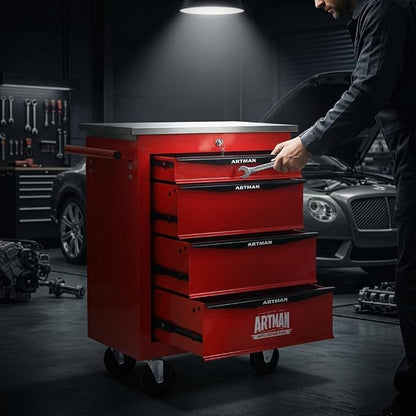 4-Drawer Rolling Tool Chest, Lockable Stainless Worktop for Garage, Red | Heavy Duty Metal Tool Cabinet with Drawers on Wheels for Warehouse and Workshop Storage
