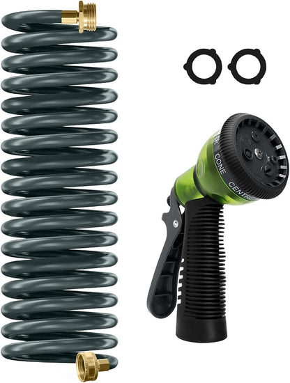 Coil Hose 15FT EVA Coil Garden Hose With 3/4'' Brass Connector Coiled Water Hose Lightweight And No Kink Includes 7 Patterns Spray Nozzle For Outdoors Lawn Watering Car Washing