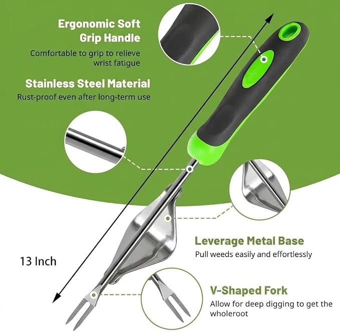 3 Piece Weeding Tool Set, Stainless Steel Hand Weeder Kit with Rubber Handles, Crack Weeder, Weed Puller and Crevice Tool for Lawn, Flower Beds, Sidewalk Cracks, Patio and Between Pavers