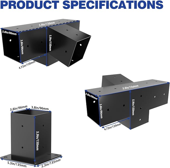 Pergola Kit, Slanted Roof Pergola Bracket, 4-Way Brackets with Post Base Kit, Log Cabin Outdoor 4"x 4" (Actual 3.5" X 3.5") Lumber