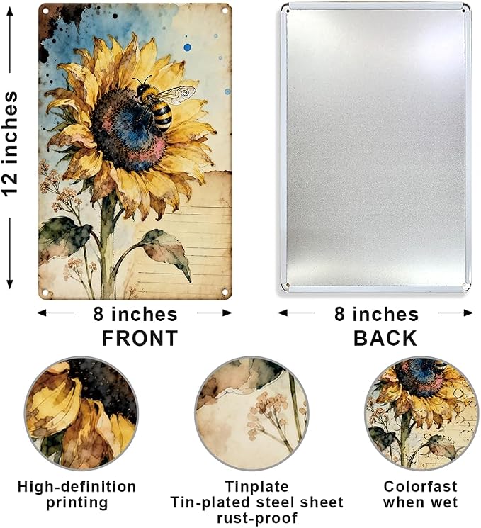 Vintage Bee Sunflower Metal Tin Sign Sunflower Wall Art for Sunflowers Outdoor Garden Farm Wall Decor