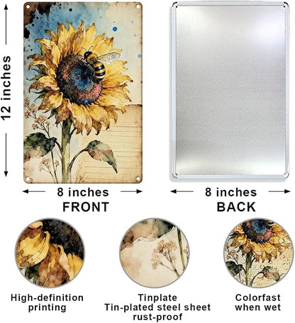 Vintage Bee Sunflower Metal Tin Sign Sunflower Wall Art for Sunflowers Outdoor Garden Farm Wall Decor