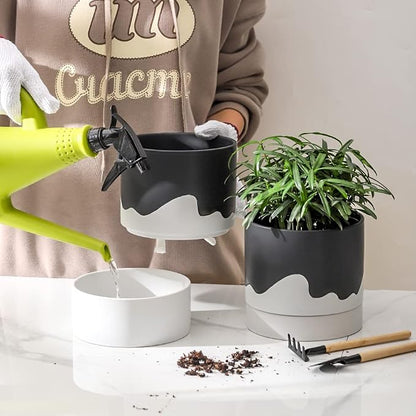Nihow Ceramic Self Watering Plant Pot for Indoor Plants,6 Inch,Black White | Planter with Cotton Wick, Drainage Hole & Water Storage Plus, Cylinder Round Flower Pot, For Succulent/Herbs/Violets